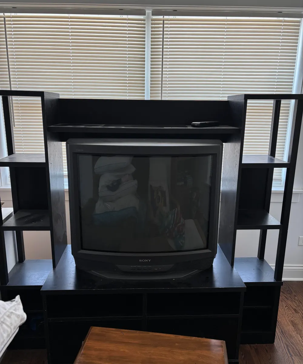 Sony Trinitron CRT television in a black entertainment center in front of window blinds, ready for electronics recycling