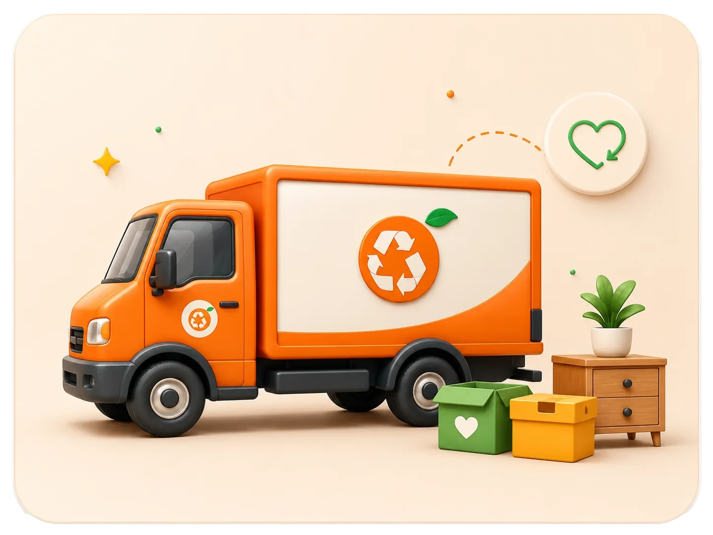 Orange Crew truck with recycling icon and sorted items, illustrating planned pickup and responsible routing.